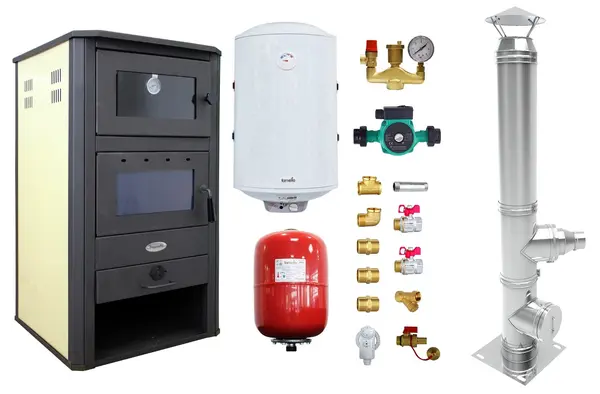 Pachet Termosemineu pe lemne, brichete si carbune Fornello MILANO E, 24 KW, cuptor, Ivory, 580x560x1060 mm, cos inox, boiler termoelectric 100l, vas expansiune, pompa circulatie si kit montaj