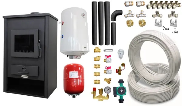 Pachet Termosemineu pe lemne, brichete si carbune Fornello PADOVA E, 19.4 kW, 510x500x910 mm, boiler termoelectric 80l, teava, vas expansiune, pompa circulare, kit evacuare si fitinguri