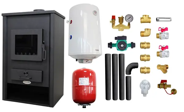 Pachet Termosemineu pe lemne, brichete si carbuni Fornello PADOVA E, 19.4 kW, 510x500x910 mm, boiler termoelectric 80l, vas expansiune, pompa circulare, kit evacuare si kit montaj