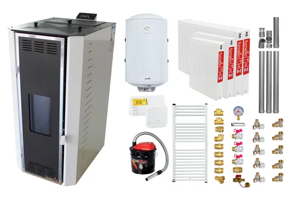 Pachet Termosemineu pe peleti Fornello Camino Rossi 25 kW, pompa Grundfos, vas expansiune, arzator inox, alb, A+,Kit evacuare 3.5 ml, Boiler Termoelectric Fornello 100 l, Termostat Salus 091FLRFV2, Aspirator, Radiatoare (calorifere) si Kit montaj