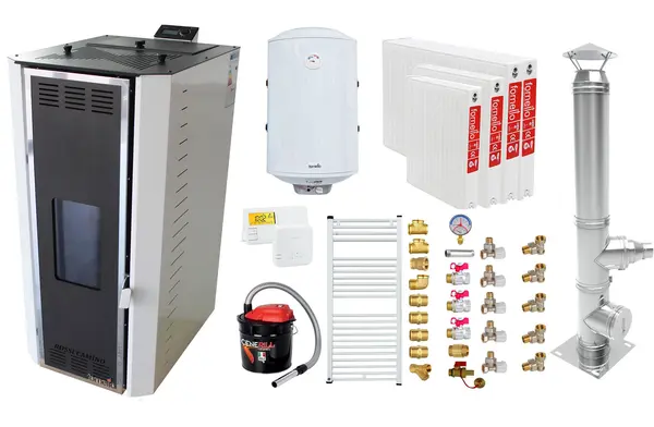 Pachet Termosemineu pe peleti Fornello Camino Rossi 35 kW, pompa Grundfos, vas expansiune, arzator inox, Boiler Fornello Termoelectric 100 l, termostat, aspirator cenusa, cos inox 4 ml, calorifere si fitinguri montaj
