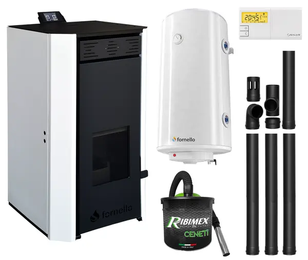 Pachet Termosemineu pe peleti Fornello EVA 12 KW, pompa circulatie, vas expansiune, Grup siguranta, WI-FI, buncar, tiraj fortat, kit evacuare, termostat Salus 091FLRFV2, aspiratior, boiler 100L, Clasa A++, recomandat pentru 80 mp, Alb