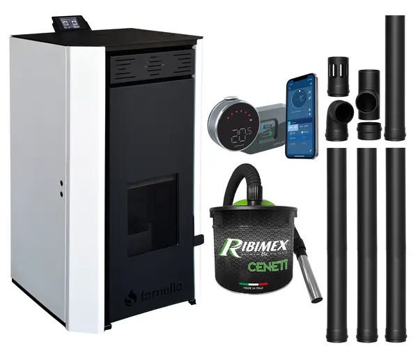 Pachet Termosemineu pe peleti Fornello EVA 25 KW, pompa circulatie, vas expansiune, Grup siguranta, WI-FI, buncar, tiraj fortat, kit evacuare, termostat Salus IT 800, aspiratior, Clasa A++, recomandat pentru 160 mp, Alb