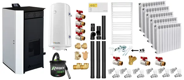 Pachet Termosemineu pe peleti Fornello EVA 30 KW, pompa circulatie, vas expansiune, WI-FI, buncar, tiraj fortat, kit evacuare 3.5 ml, termostat, aspirator, boiler 100L, Radiatoare Aluminiu si Fitinguri montaj