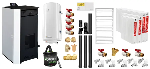 Pachet Termosemineu pe peleti Fornello EVA 30 KW, pompa circulatie, vas expansiune, WI-FI, buncar, tiraj fortat, kit evacuare 3.5 ml, termostat, aspirator, boiler 100L, Radiatoare otel si Fitinguri montaj