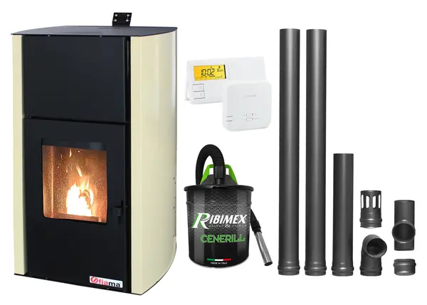 Pachet Termosemineu pe peleti Fornello Fiama Confort 12 kw, complet echipat pentru incalzire, Pompa, Vas expansiune, Automatizare, Termostat Radio Comanda Salus 091FLRFV2, Aspirator Cenusa si Kit evacuare 2.5 ml