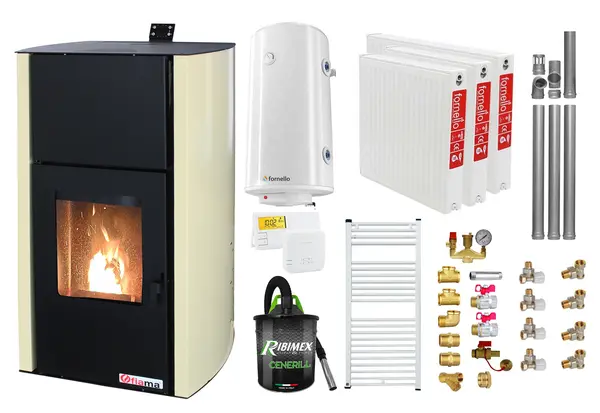 Pachet Termosemineu pe peleti Fornello Fiama Confort 12 kw, complet echipat pentru incalzire, Pompa, Vas expansiune, Automatizare, Radiatoare otel, Boiler 100 litri, Termostat, Aspirator, Kit 3.5 ml si Fitinguri montaj