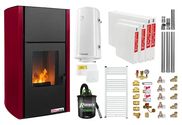 Pachet Termosemineu pe peleti Fornello Fiama Confort 25 kw, culoare Bordeaux, complet echipat pentru incalzire, Pompa, Vas expansiune, Automatizare, Radiatoare otel, Boiler 100 litri, Termostat, Aspirator, Kit 3.5 ml si Fitinguri montaj