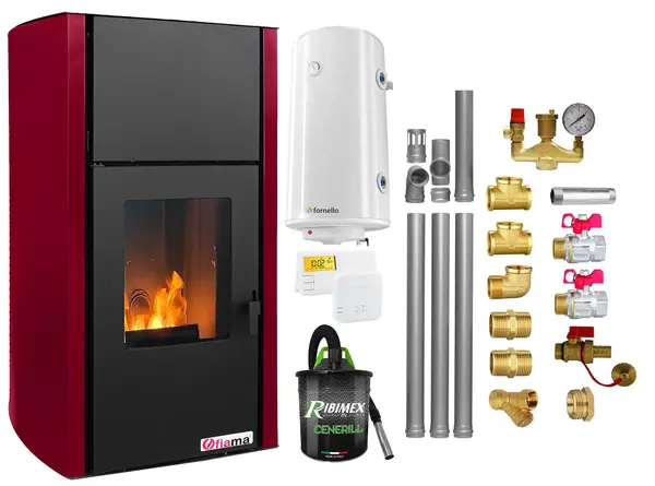 Pachet Termosemineu pe peleti Fornello Fiama Confort 25 kw, culoare Bordeaux, complet echipat pentru incalzire, Pompa, Vas expansiune, Automatizare, Boiler 100 litri, Termostat Salus 091FLRFV2, Aspirator, Kit evacuare 3.5 ml si Fitinguri montaj