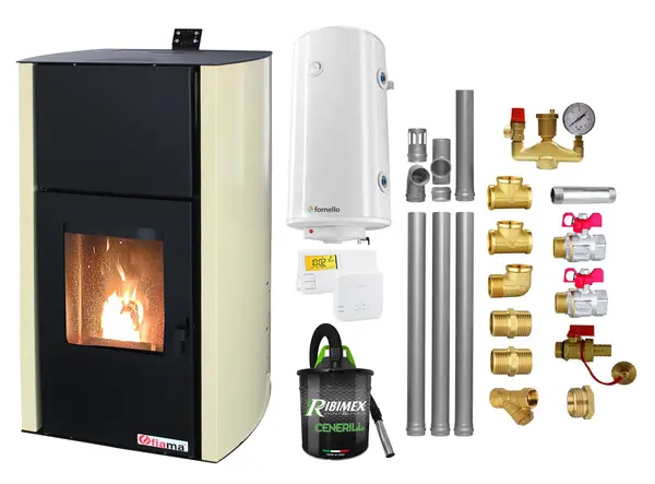 Pachet Termosemineu pe peleti Fornello Fiama Confort 25 kw, complet echipat pentru incalzire, Pompa, Vas expansiune, Automatizare, Boiler 100 litri, Termostat Salus 091FLRFV2, Aspirator, Kit evacuare 3.5 ml si Fitinguri montaj