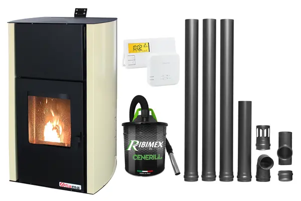 Pachet Termosemineu pe peleti Fornello Fiama Confort 30 kW, cu pompa, vas expansiune, automatizare, termostat, aspirator, kit evacuare 3.5 ml, buncar 35 kg, tiraj fortat, culoare crem, pana la 200 mp