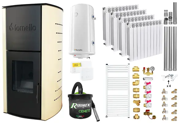 Pachet Termosemineu pe peleti Fornello Royal Ivory 18 kW, complet echipat cu pompa, vas expansiune, automatizare, culoare crem, Calorifere aluminiu Fornello Alvo, Boiler, kit evacuare 3.5 ml, Aspirator Cenusa, Termostat Salus 091FLRFV2 si Fitinguri