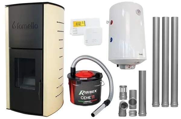 Pachet Termosemineu pe peleti Fornello Royal Ivory 18 kW, complet echipat cu pompa, vas expansiune, automatizare, Boiler, kit evacuare 3.5 ml, Termostat Salus 091FLRFV2 si Aspirator Cenusa