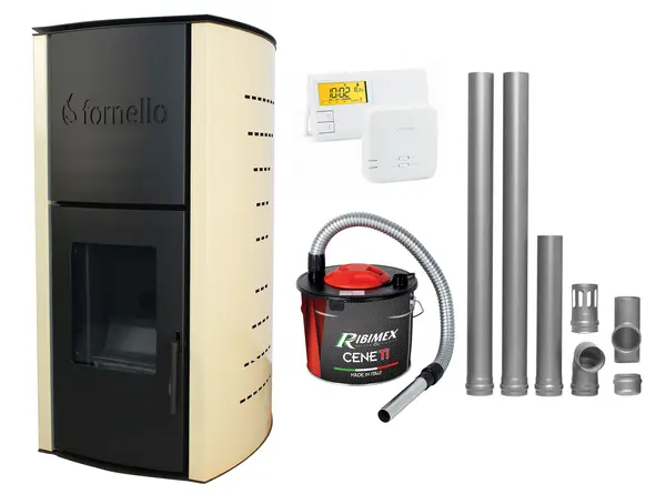 Pachet Termosemineu pe peleti Fornello Royal Ivory 18 kW, complet echipat cu pompa, vas expansiune, automatizare, culoare crem, kit evacuare 2.5 ml, Termostat Radio Comanda Salus 091FLRFV2 si Aspirator Cenusa