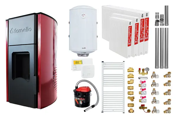 Pachet Termosemineu peleti Fornello Royal Bordeaux 25 kw, complet echipat, pompa circulatie, vas expansiune, automatizare, kit evacuare 3.5 ml, Boiler Termoelectric Fornello 100 l, Termostat Radio Comanda Salus 091FLRFV2, Aspirator, Calorifere si kit