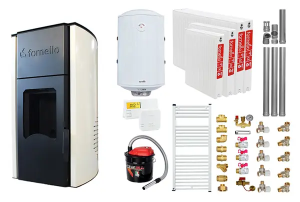 Pachet Termosemineu peleti Fornello Royal Ivory 25 kw, complet echipat, pompa circulatie, vas expansiune, automatizare, kit evacuare 3.5 ml, Boiler Termoelectric Fornello 100 l, Termostat Salus 091FLRFV2, Aspirator, Calorifere si kit montaj