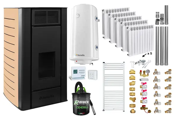 Pachet Termosemineu peleti Fornello SERENA W25, 25 kw, culoare Ivory, complet echipat, calorifere aluminiu Fornello Alvo, pompa, vas expansiune, automatizare, kit evacuare 3.5 ml, Boiler Termoelectric Fornello 100 l, Termostat, Aspirator