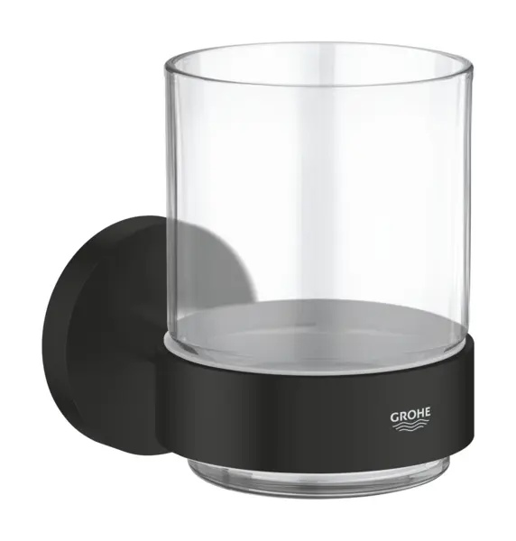 Pahar baie Grohe Essentials, pe perete, suport, metal/sticla, mat, negru, 1022562430