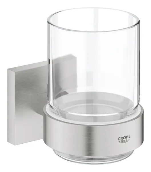 Pahar baie Grohe Start Cube, pe perete, metal/sticla, mat, otel satinat, 41097DC0