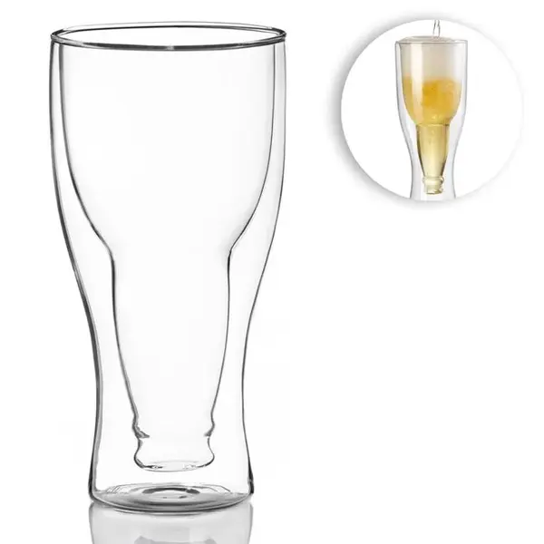 Pahar pentru bere din sticla transparenta cu perete dublu si model sticla de bere,400 ml