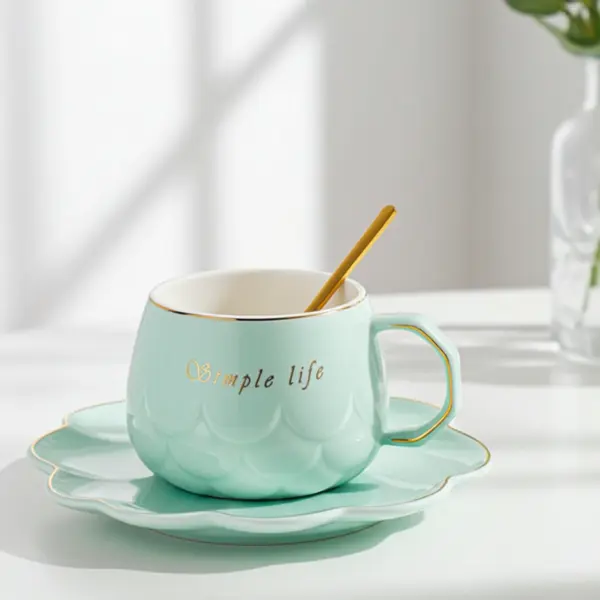 Pahar pentru cappuccino și ceai Morello - Simple Life, cu farfurioară și linguriță, 250 ml, verde