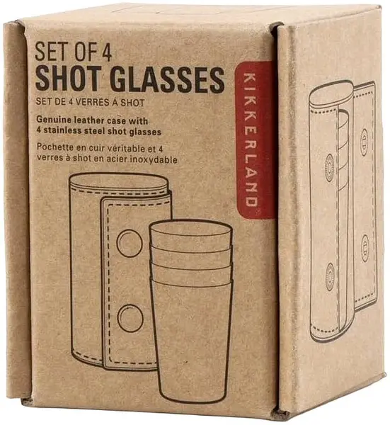 Pahare de shot Kikkerland - 4 buc, 25 ml, cu husă din piele