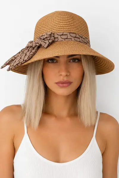 Palarie de plaja ALYNEA, cu bor mediu, conic si funda, Bej