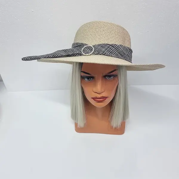 Palarie de plaja Celia cu banderola in doua culori, crem