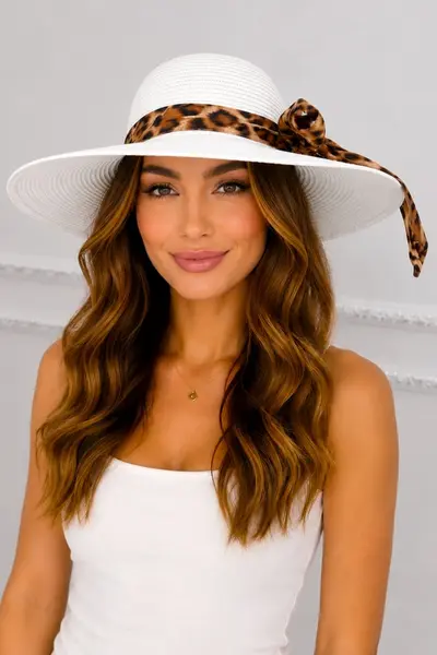 Palarie de plaja, pentru femei, ANGIE, cu boruri mari, ALB Animal print