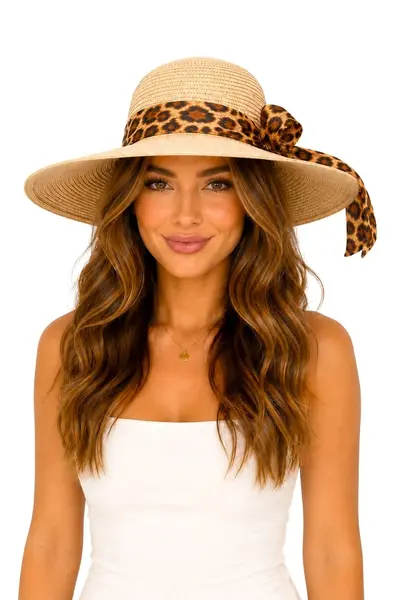 Palarie de plaja, pentru femei, ANGIE, cu boruri mari, Bej Animal print