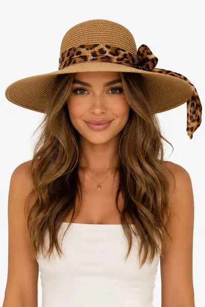 Palarie de plaja, pentru femei, ANGIE, cu boruri mari, Maro, Animal print