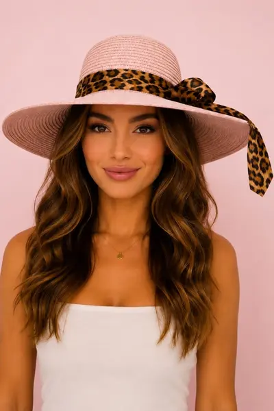 Palarie de plaja, pentru femei, ANGIE, cu boruri mari, ROZE Animal print