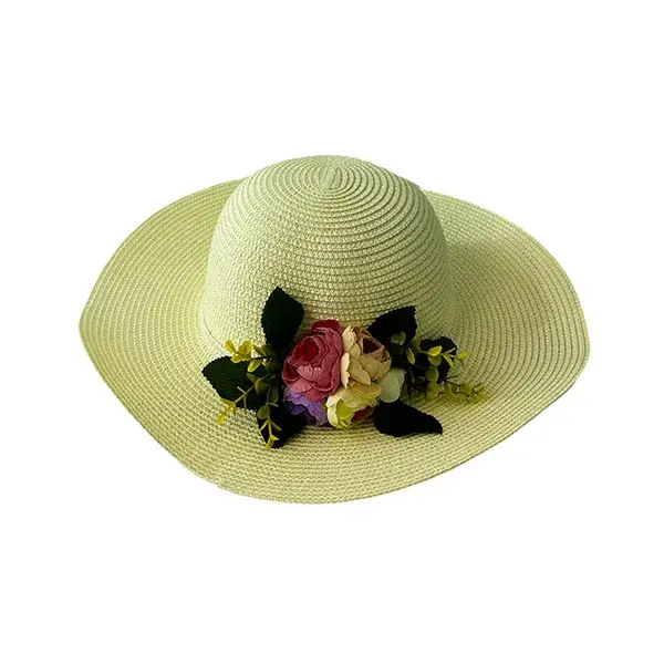 Palarie de plaja pentru femei Flower, din paie cu aranjament floral artificial, Crem