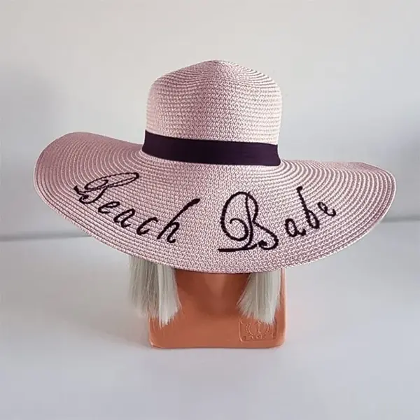Palarie de plaja, pentru femei, imprimata Beach Babe, cu boruri mari, ROZE