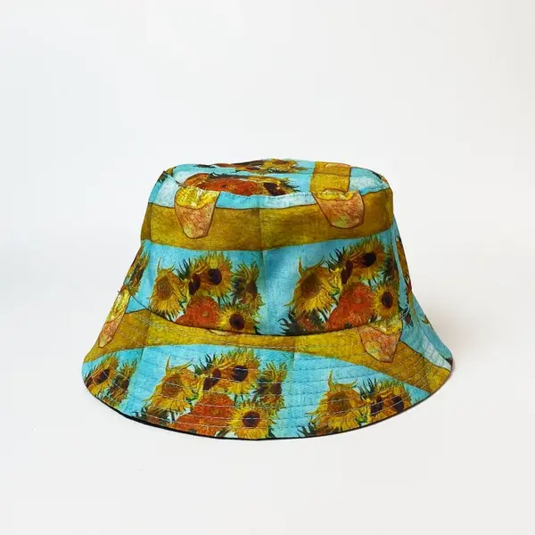 Palarie tip bucket unisex cu doua fete imprimata cu reproducere dupa Floarea Soarelui de Van Gogh