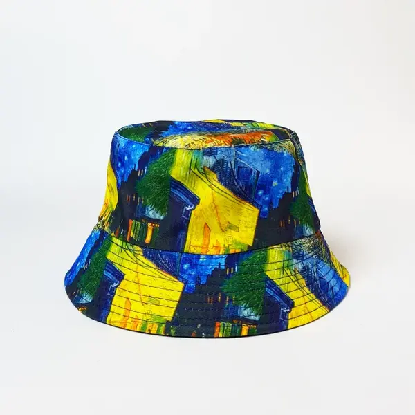 Palarie tip bucket unisex cu doua fete imprimata cu reproducere dupa Cafeneaua de Van Gogh