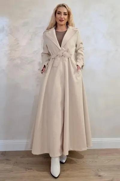 Palton lung cu nasturi Merina, falduri si cordon, Crem, Marime S/M/L