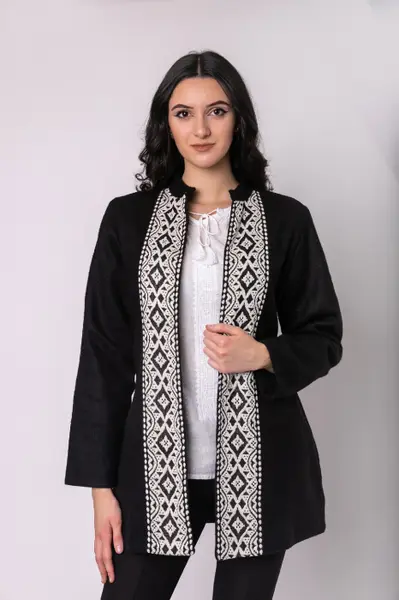 Palton traditional negru cu broderie geometrica alba Otilia