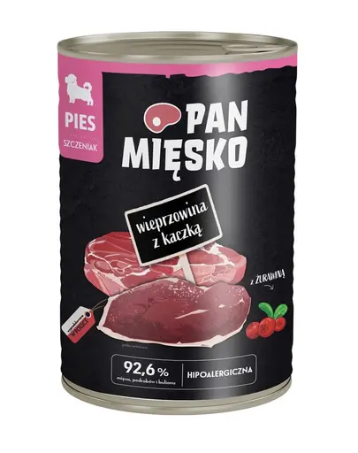 PAN MIĘSKO Carne de porc cu rață hrană umedă pentru pui de câine 400 g