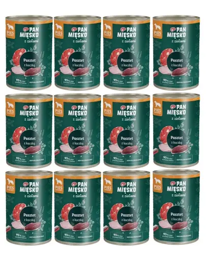 PAN MIĘSKO Hrană umedă câini adulți, pate rață hipoalergenică cu ierburi 12x400 g