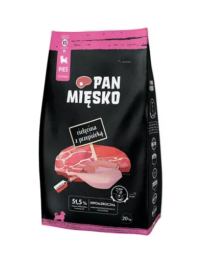 PAN MIĘSKO Hrană uscată cu vițel și prepeliță pentru căței XS 20 kg