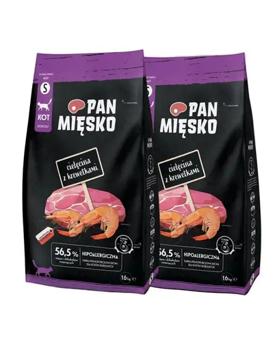 PAN MIĘSKO Sac hrana pisici, cu vitel si creveti S 2x1,6 kg