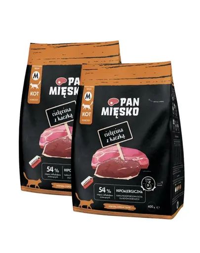 PAN MIĘSKO Vițel cu rață hrană uscată pentru pisici M 2x400 g