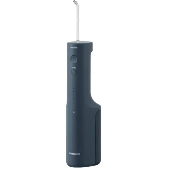 Panasonic Irigator bucal Panasonic Ultrasonic EW-DJ66-A303, aprox. 647kPa presiune apa, 5 trepte de reglare presiune, portabil, 2 duze Ultrasonice incluse, Capacitate rezervor 200 ml, Albastru inchis