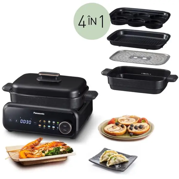 Panasonic Multicooker Grill multifunctional 4 in 1 Panasonic NF-GM400KXE, 1524W, 40°C–250°C, 9 programe, 4 vase, peste 80 retete, extractor de fum cu filtrare prin apa, Negru