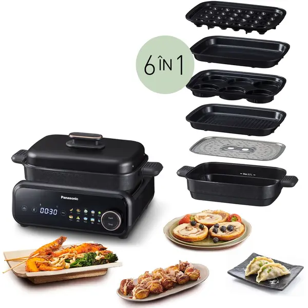 Panasonic Multicooker Grill multifunctional 6 in 1 Panasonic NF-GM600KXE, 1524W, 40°C–250°C, 9 programe, 6 vase, peste 100 retete, extractor de fum cu filtrare prin apa, Negru