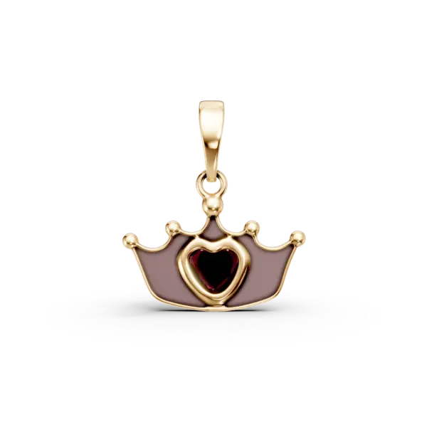 Pandantiv coroana din aur galben cu granat heart de 0.1ct pentru copii