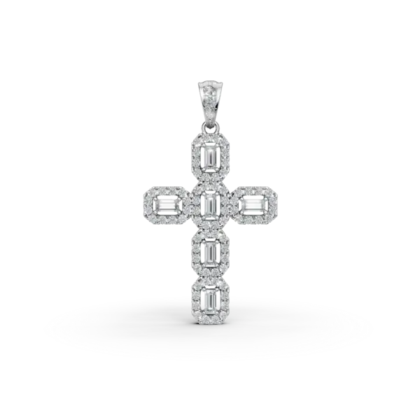 Pandantiv cruce din aur alb cu diamante baguette si rotunde de 0.5ct