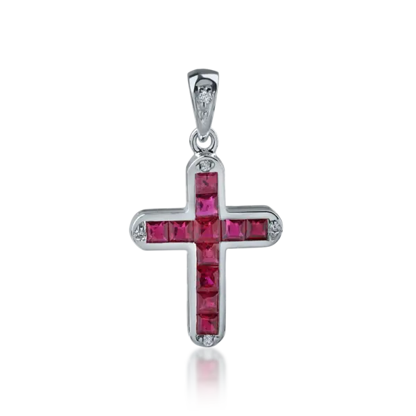 Pandantiv cruce din aur alb cu rubine princess de 0.77ct si diamante de 0.03ct