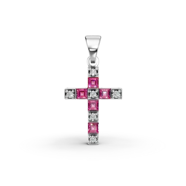 Pandantiv cruce din aur alb cu rubine rectangulare de 0.26ct si diamante de 0.04ct